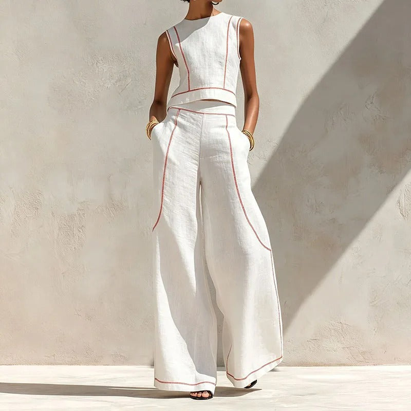 Inés two-piece palazzo set in white, full-length front view