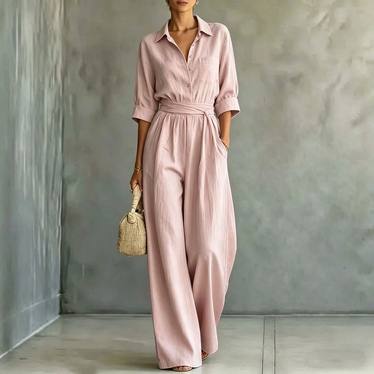 Elena wide-leg shirt jumpsuit in pink, full-length front view