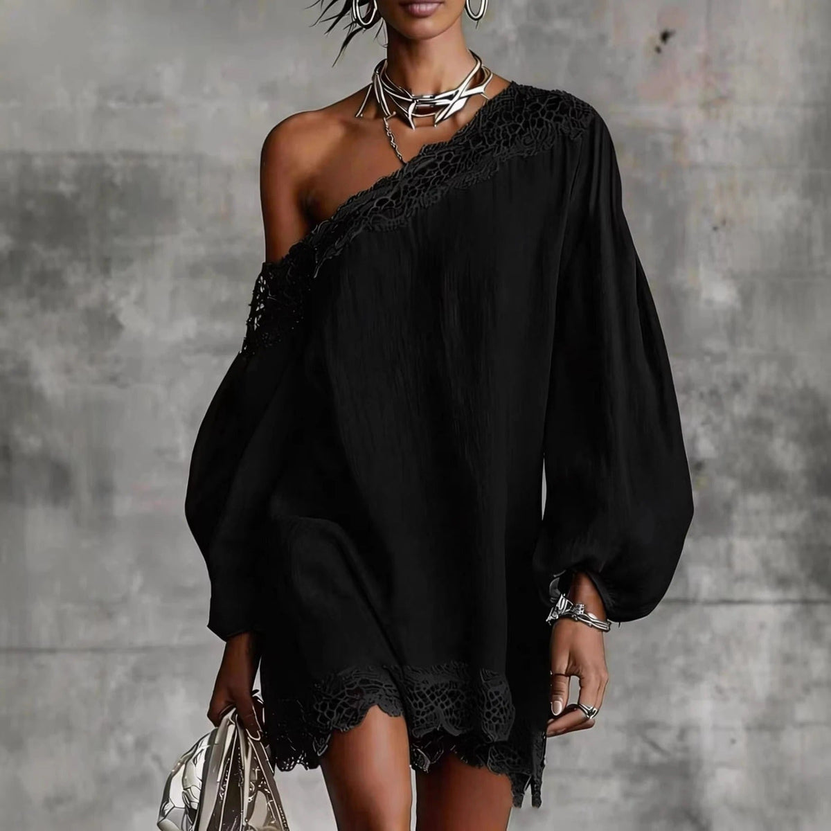 Olivia mini lace dress in black, off-the-shoulder front view