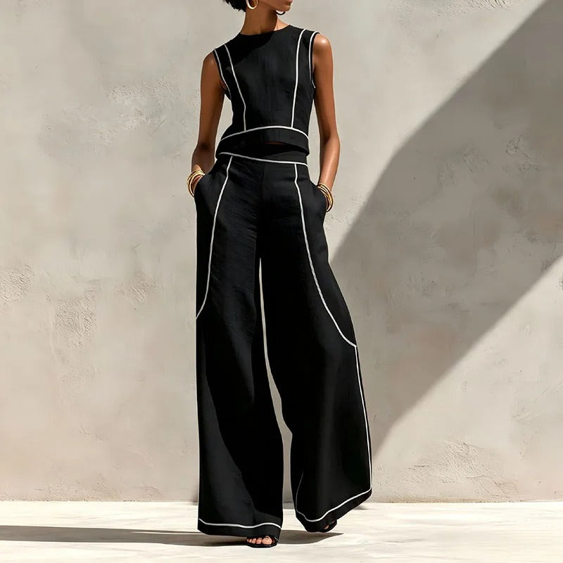 Inés two-piece palazzo set in black with white contrast trims