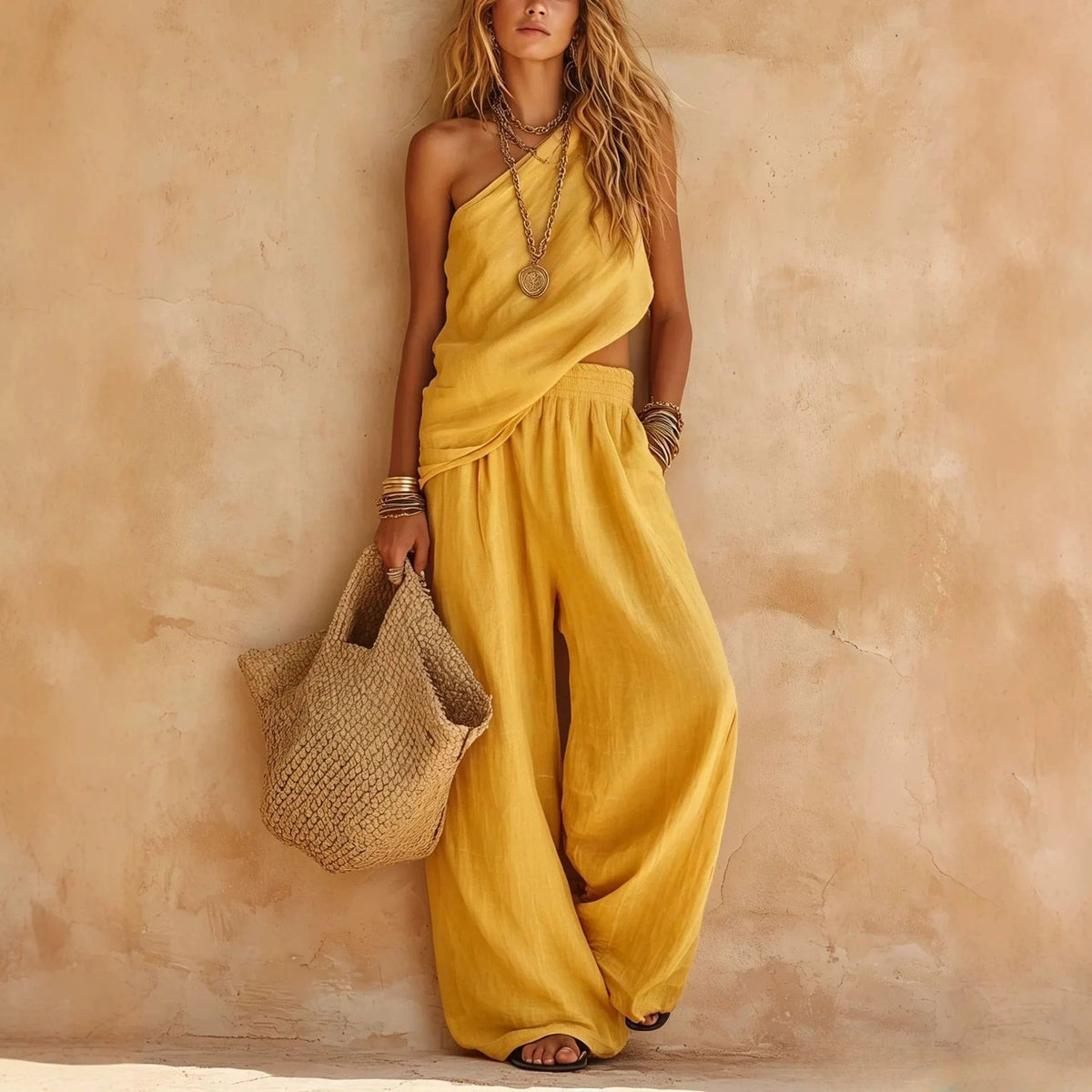 Carlota two-piece wide-leg set in yellow, full-length front view