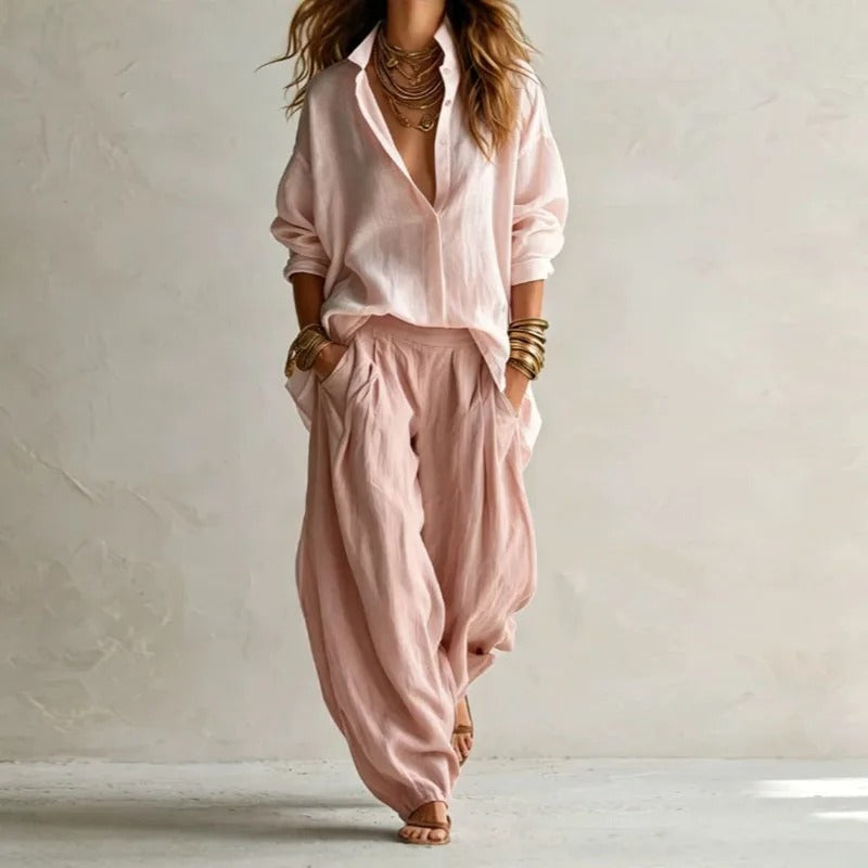 Aitana shirt and wide trouser set in pink, full-length front view