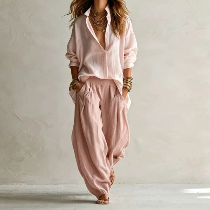 Aitana shirt and wide trouser set in pink, full-length front view
