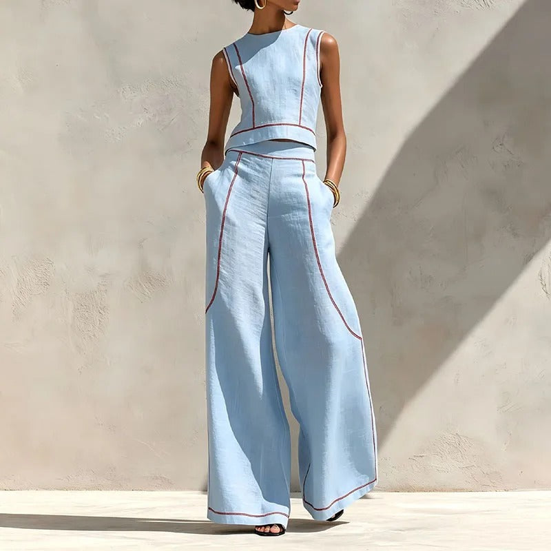 Inés two-piece palazzo set in light blue, full-length front view