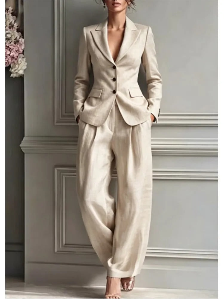 Victoria tailored suit set in beige, full-length front view