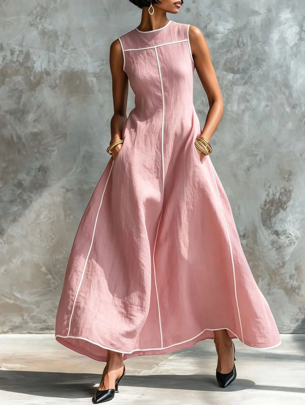 Carlota maxi dress in pink with white contrast trim, full-length front view