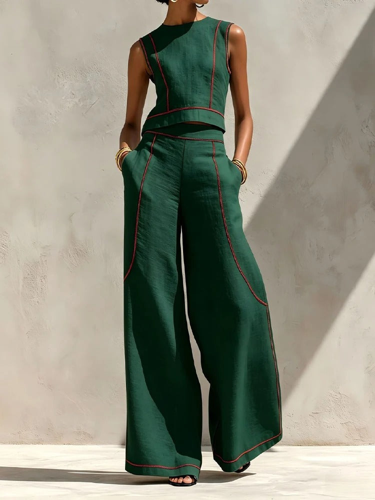 Inés two-piece palazzo set in green, full-length front view