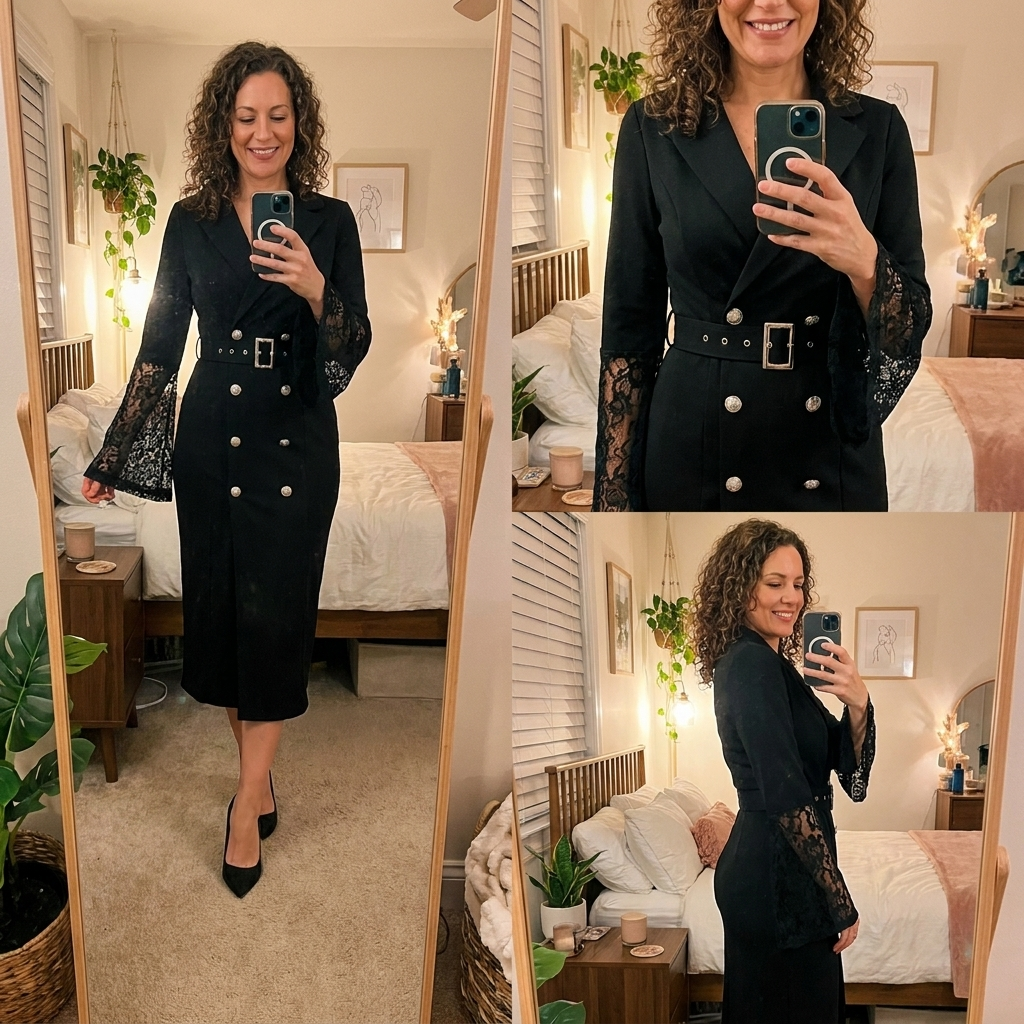 LIORA™ | Belted Lace-Sleeve Midi Dress