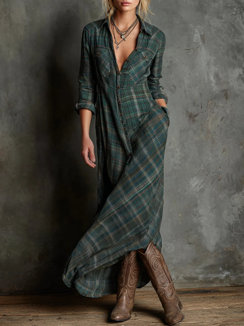 Margaux long checked shirt dress in green, full-length front view