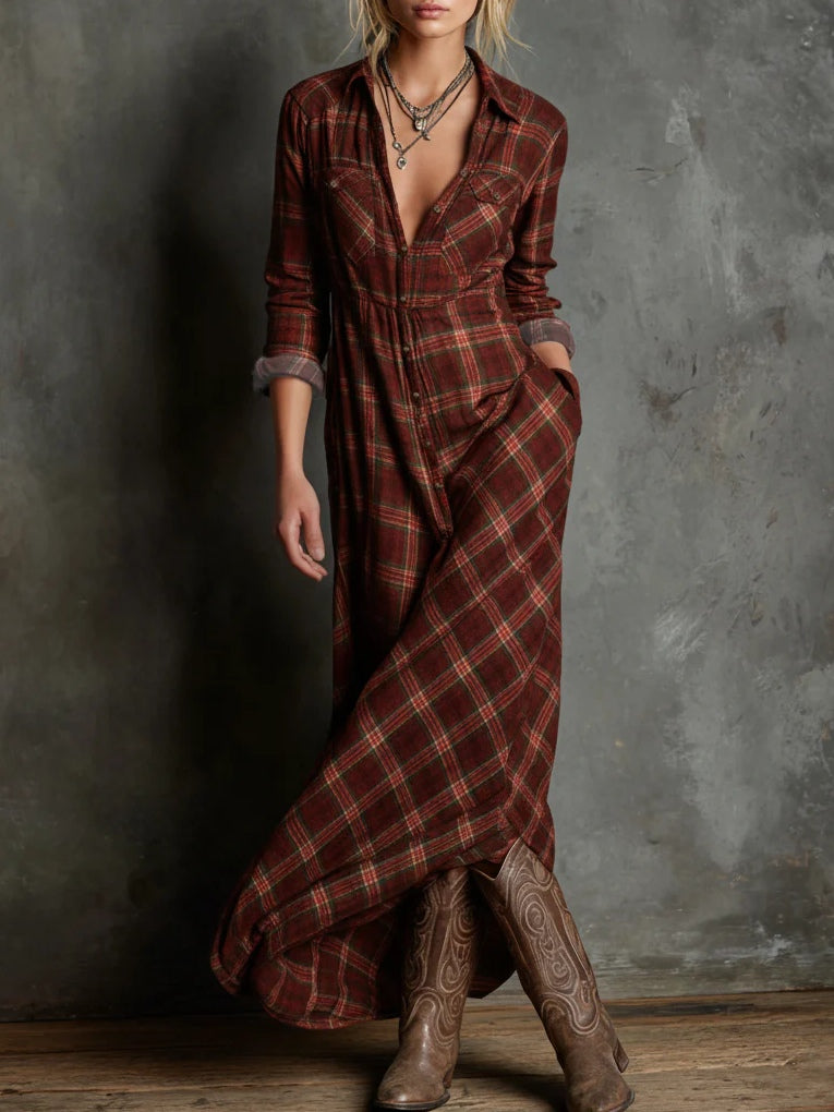 Margaux checked shirt dress in burgundy, full-length front view