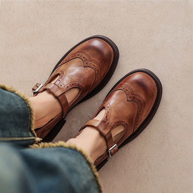 Talvanna leather Mary Janes in brown, worn top-down view