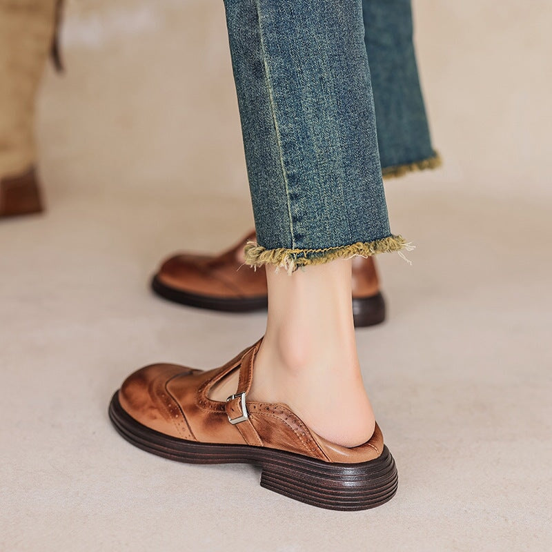 Talvanna Mary Janes in brown worn with cropped jeans, side view