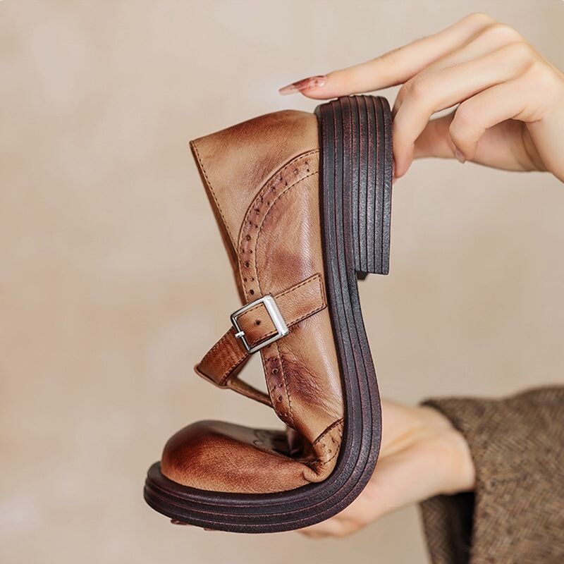 Talvanna Mary Janes in brown, close-up of buckle strap and sole