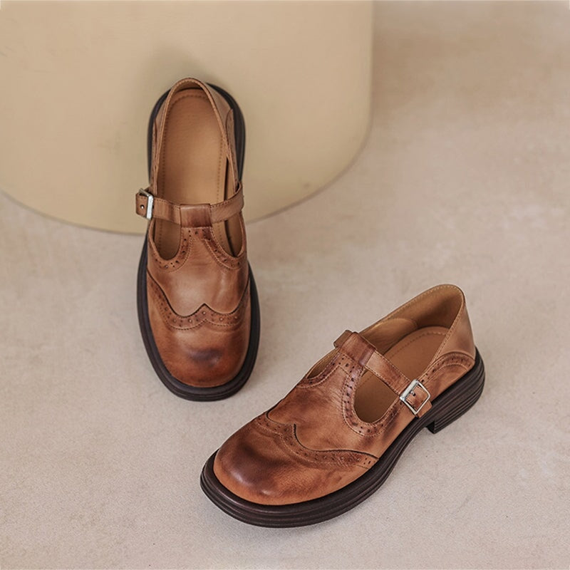 Talvanna brogue Mary Janes in brown, side and top view