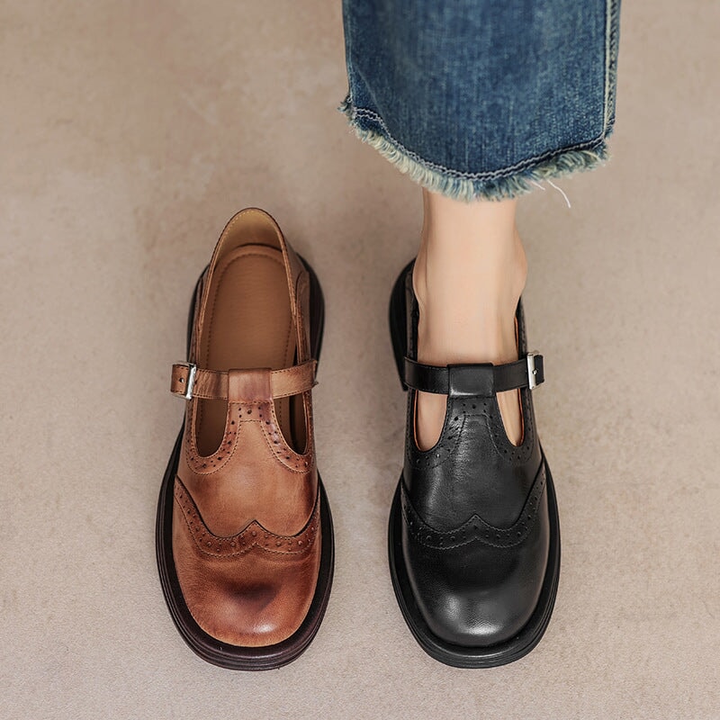 Talvanna Mary Janes in brown and black, top-down comparison