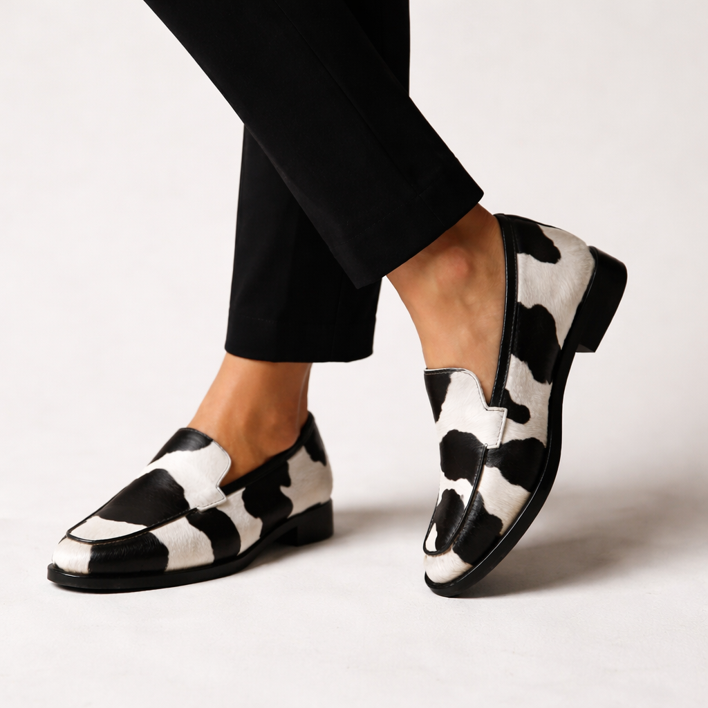 Josephine cow-print loafers worn with black trousers, side walking view