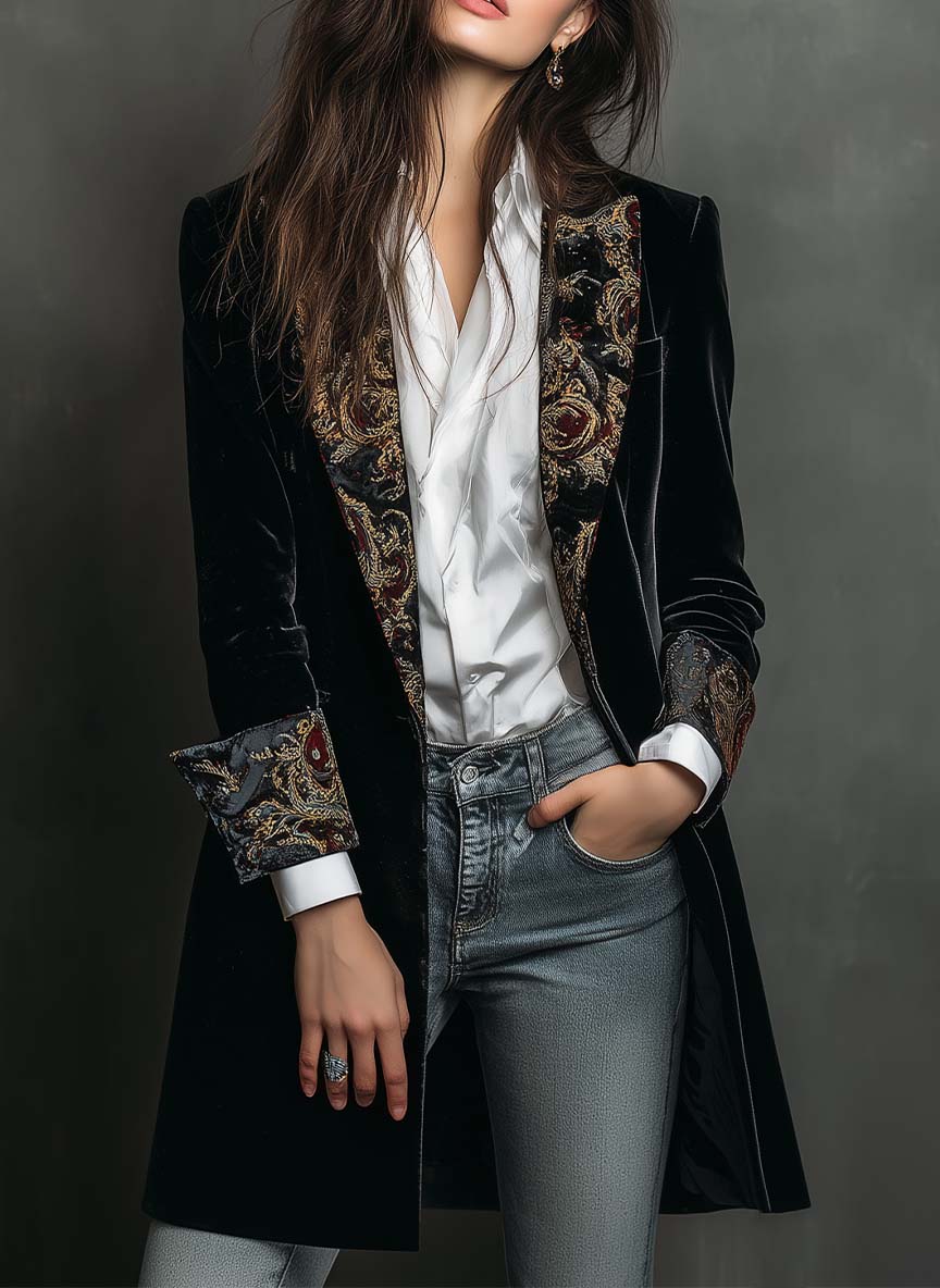 Clarissa longline blazer in black with gold brocade lapels, front view