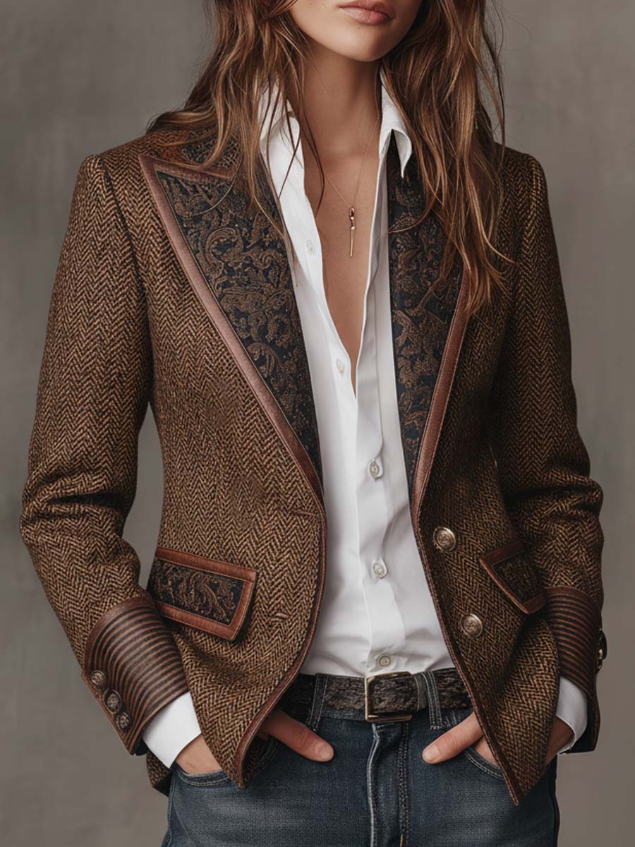 Georgette herringbone blazer in brown, front view with paisley lapels