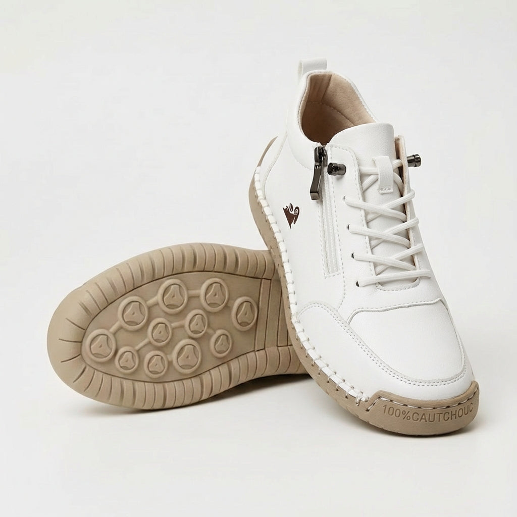 Mila trainers in white, side and sole view