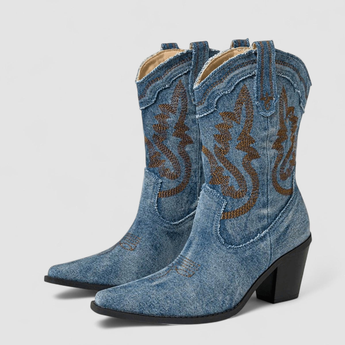 Callie western ankle boots in denim blue, pair on plain background
