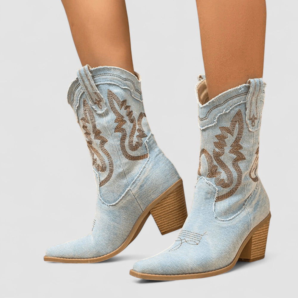 Callie western ankle boots in sky blue, front view on model