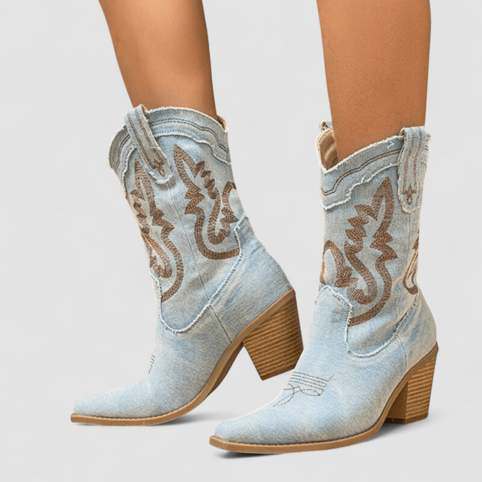 Callie western ankle boots in sky blue, front view on model