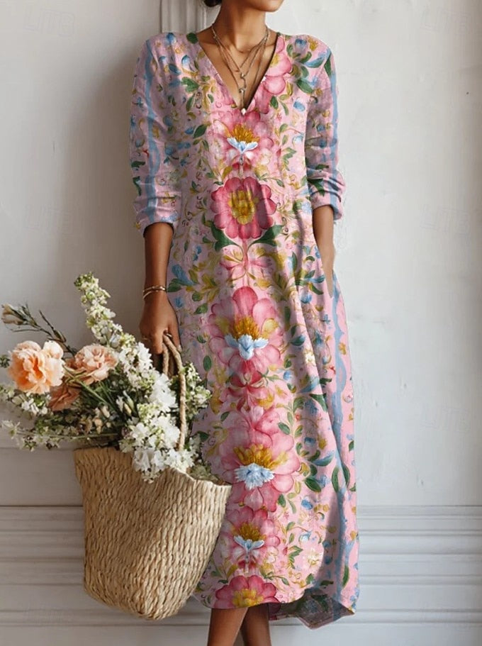 Kelly everyday dress in pink multicolour floral print, full-length front view