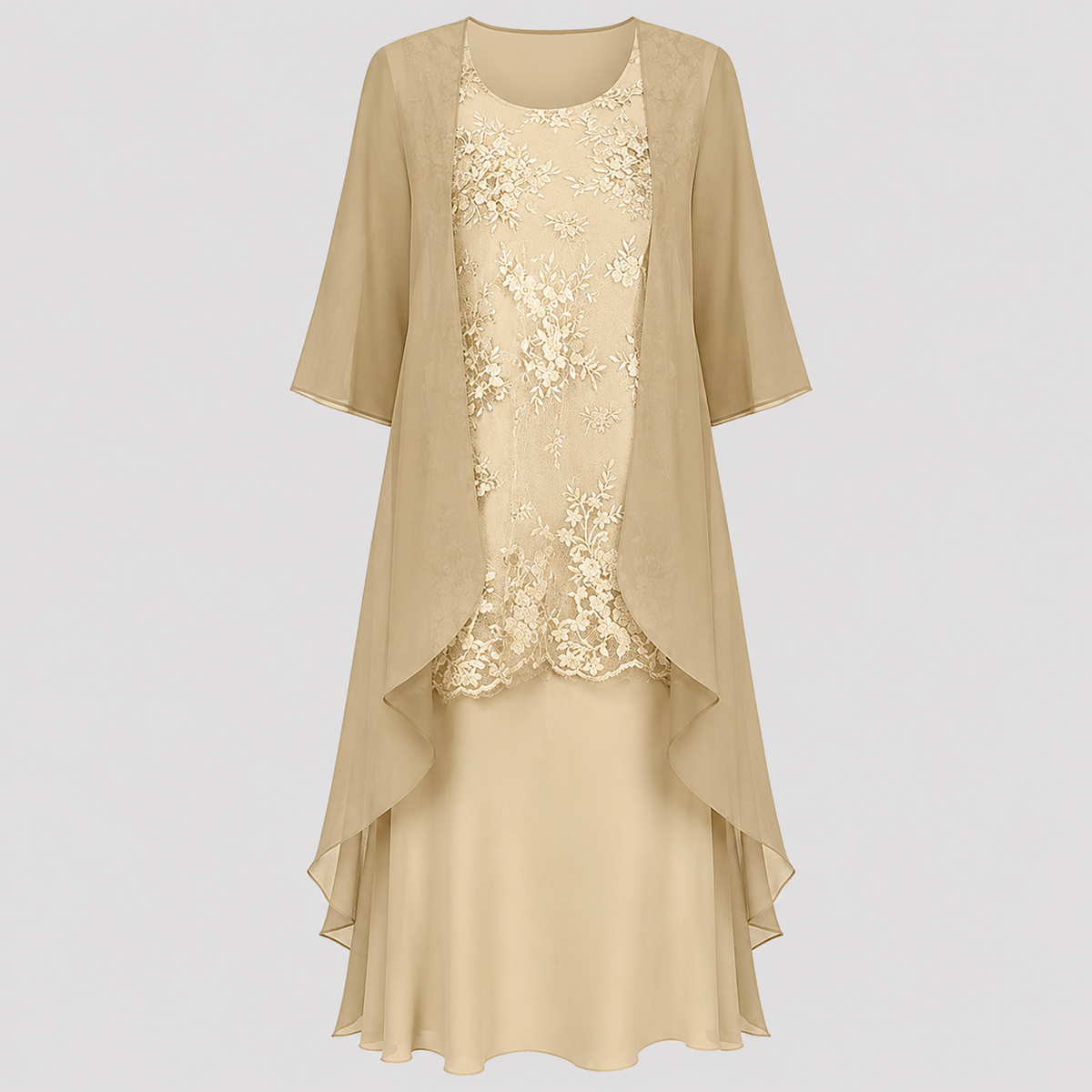 Lumi chiffon two-piece dress in champagne, product front view
