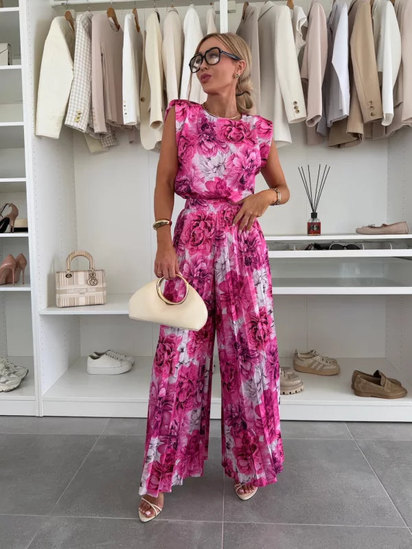Marisella top and pants set in fuchsia floral, front view