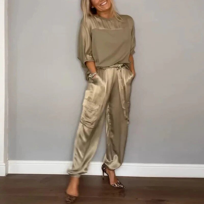 Nova casual cargo co-ord set in gold, full-length front view