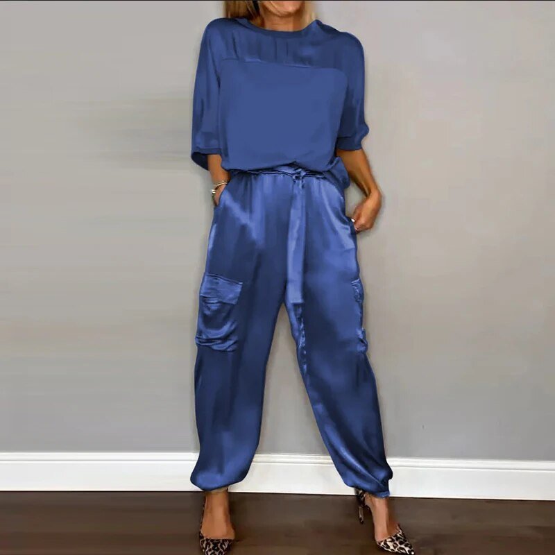 Nova casual cargo co-ord set in blue, full-length front view