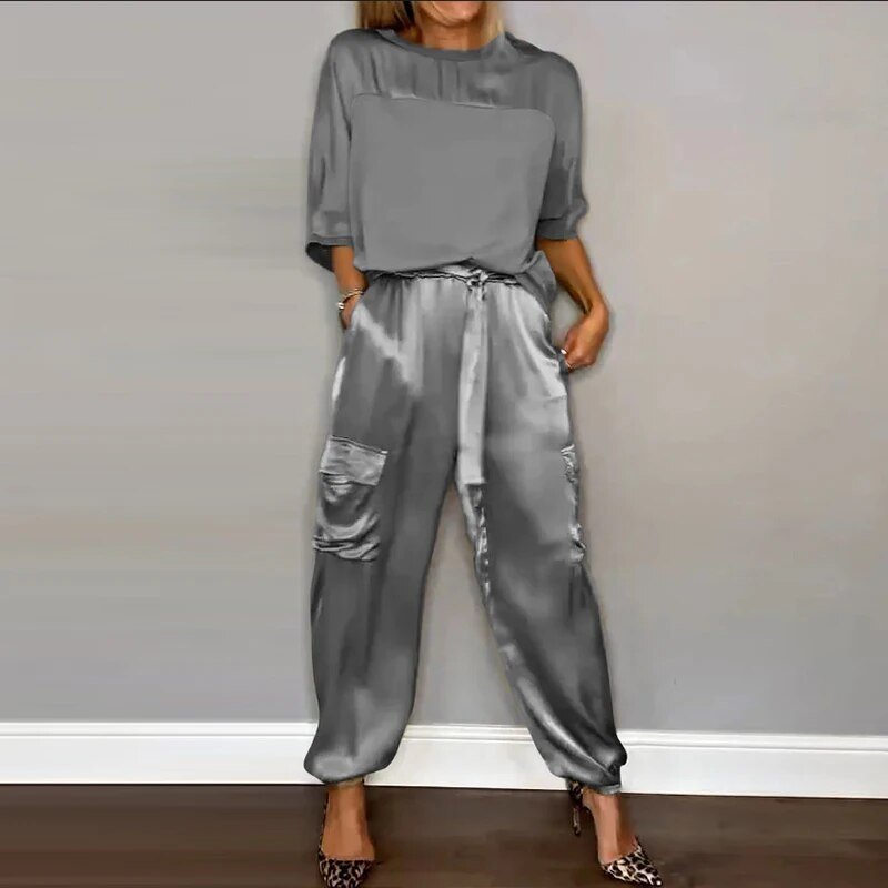 Nova casual cargo co-ord set in grey, full-length front view