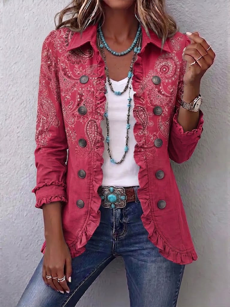 Adoración pink paisley jacket, front view worn open over a white top