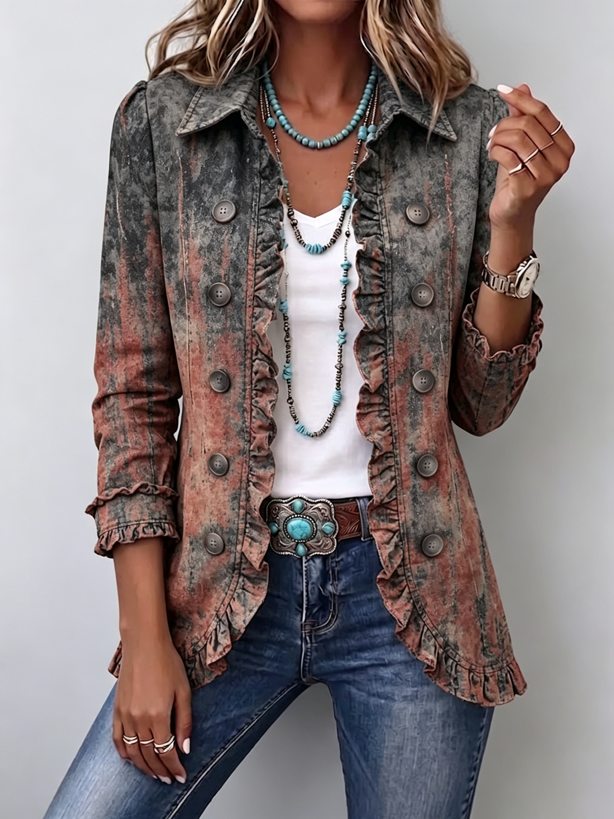 Benita textured ombre jacket in washed rust and grey, front view worn open over jeans