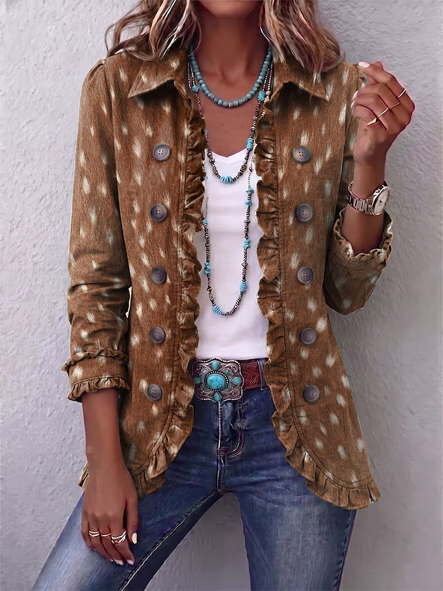 Nicolasa animal print ruffle jacket in brown, front view worn open