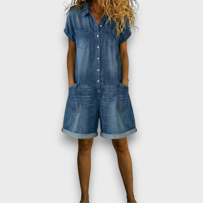 Joan short denim-look playsuit in blue, front view on model