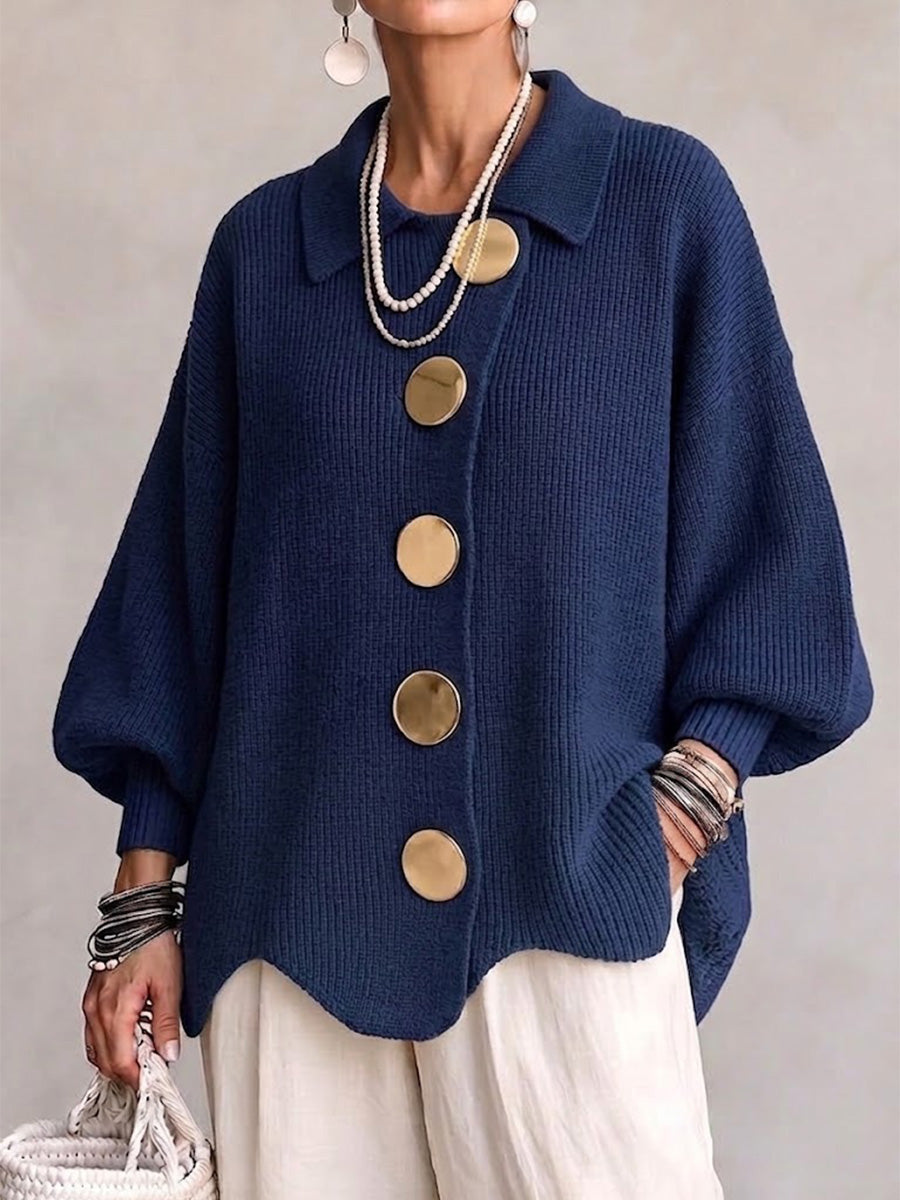 Victoire oversized collared cardigan in navy blue, front view with gold-tone fastenings