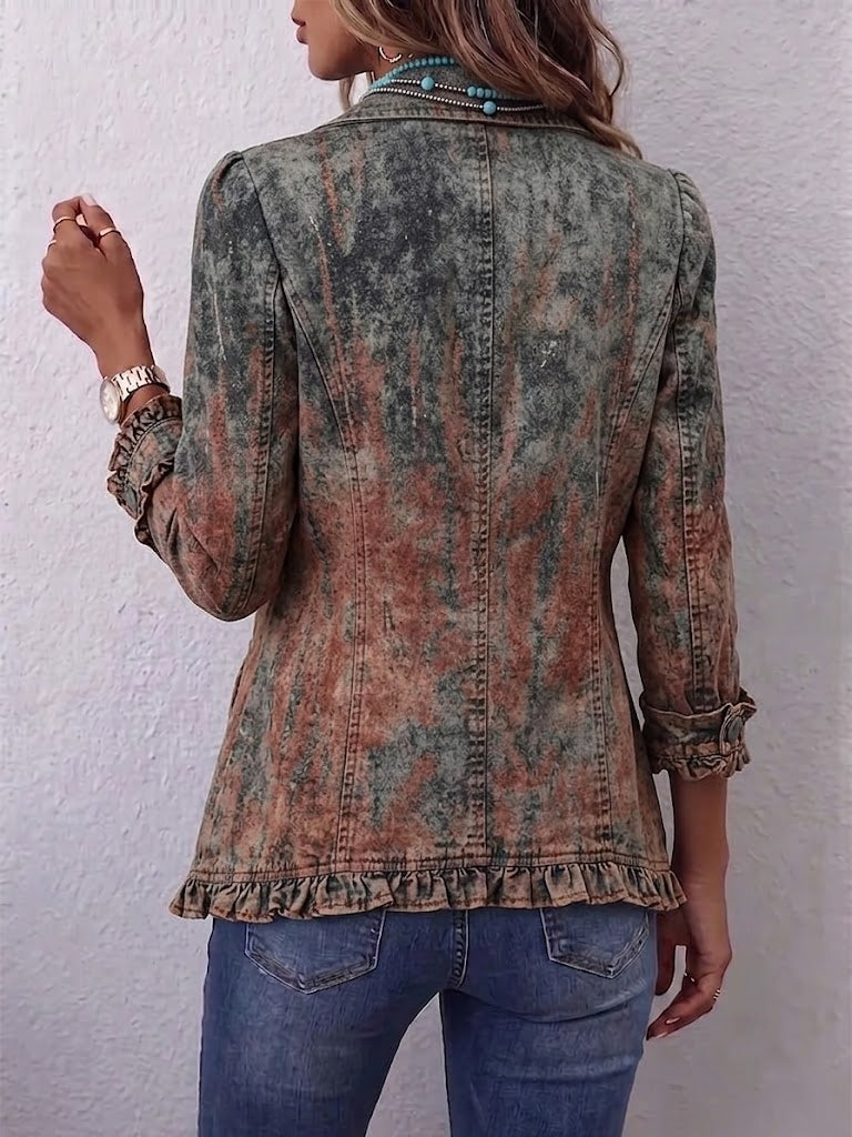 Benita ombre jacket in washed rust and grey, back view showing frilled hem