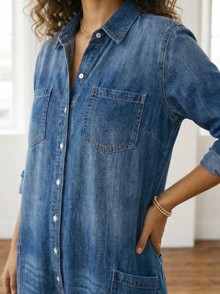 Diana denim jumpsuit in blue, close-up of collar, buttons and chest pockets