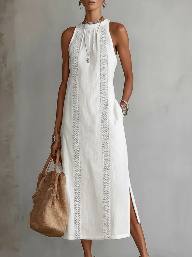 Chloe sleeveless midi dress in white with lace panels, front view