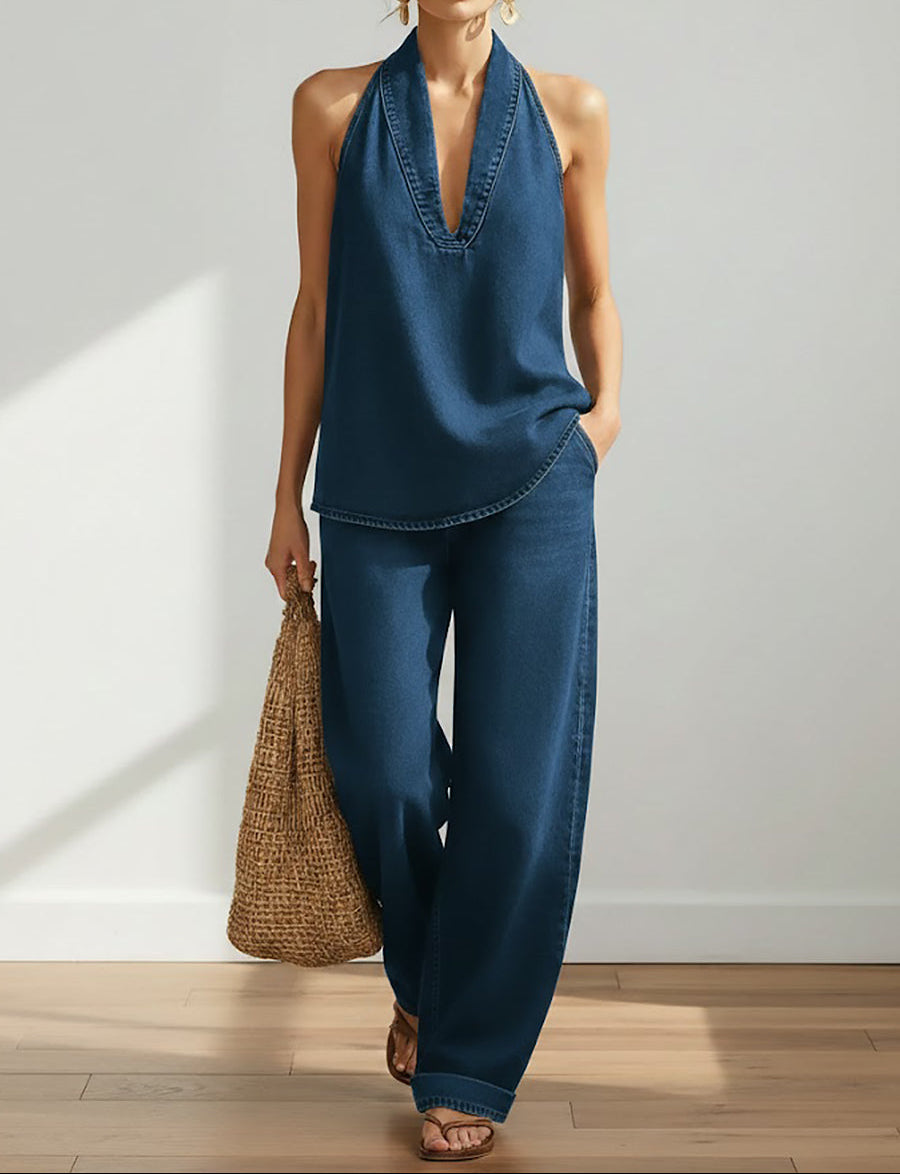 Ivy denim-look two-piece set in blue, side-on walking view