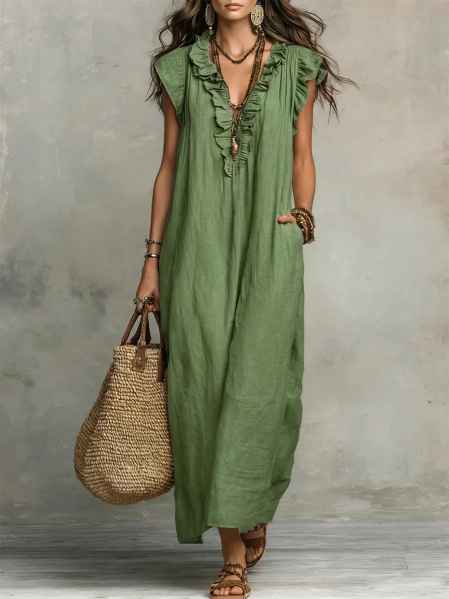 Cecilia summer maxi dress in green, full-length front view