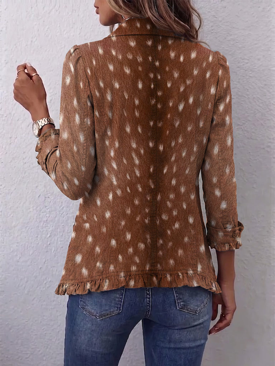 Nicolasa animal print ruffle jacket in brown, back view showing ruffle hem