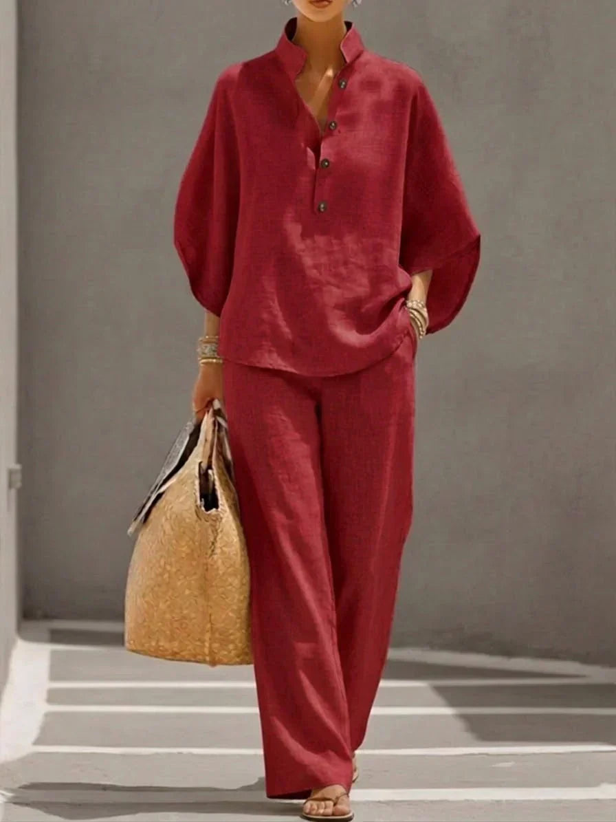 Sophie batwing-sleeve and wide-leg trousers set in red, full-length front view