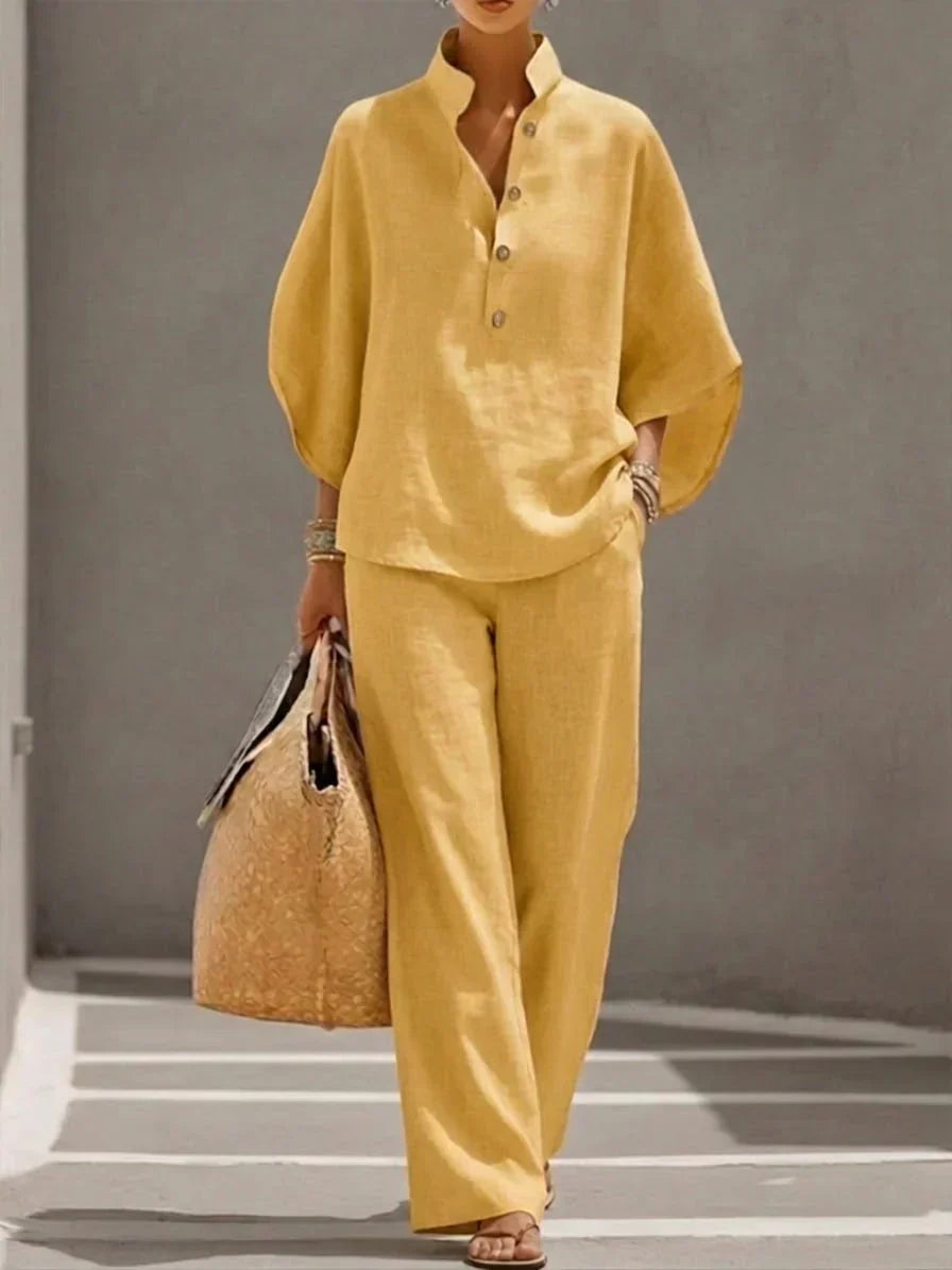 Sophie batwing-sleeve and wide-leg trousers set in yellow, full-length front view