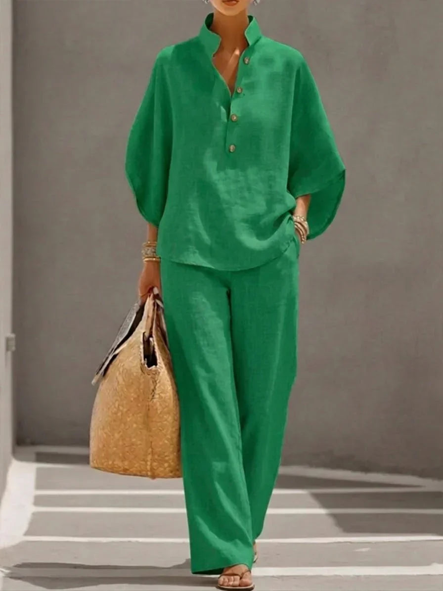 Sophie batwing-sleeve and wide-leg trousers set in green, full-length front view
