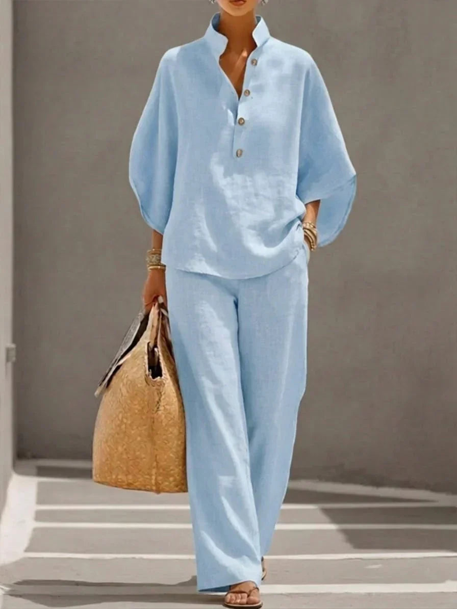 Sophie batwing-sleeve and wide-leg trousers set in light blue, full-length front view