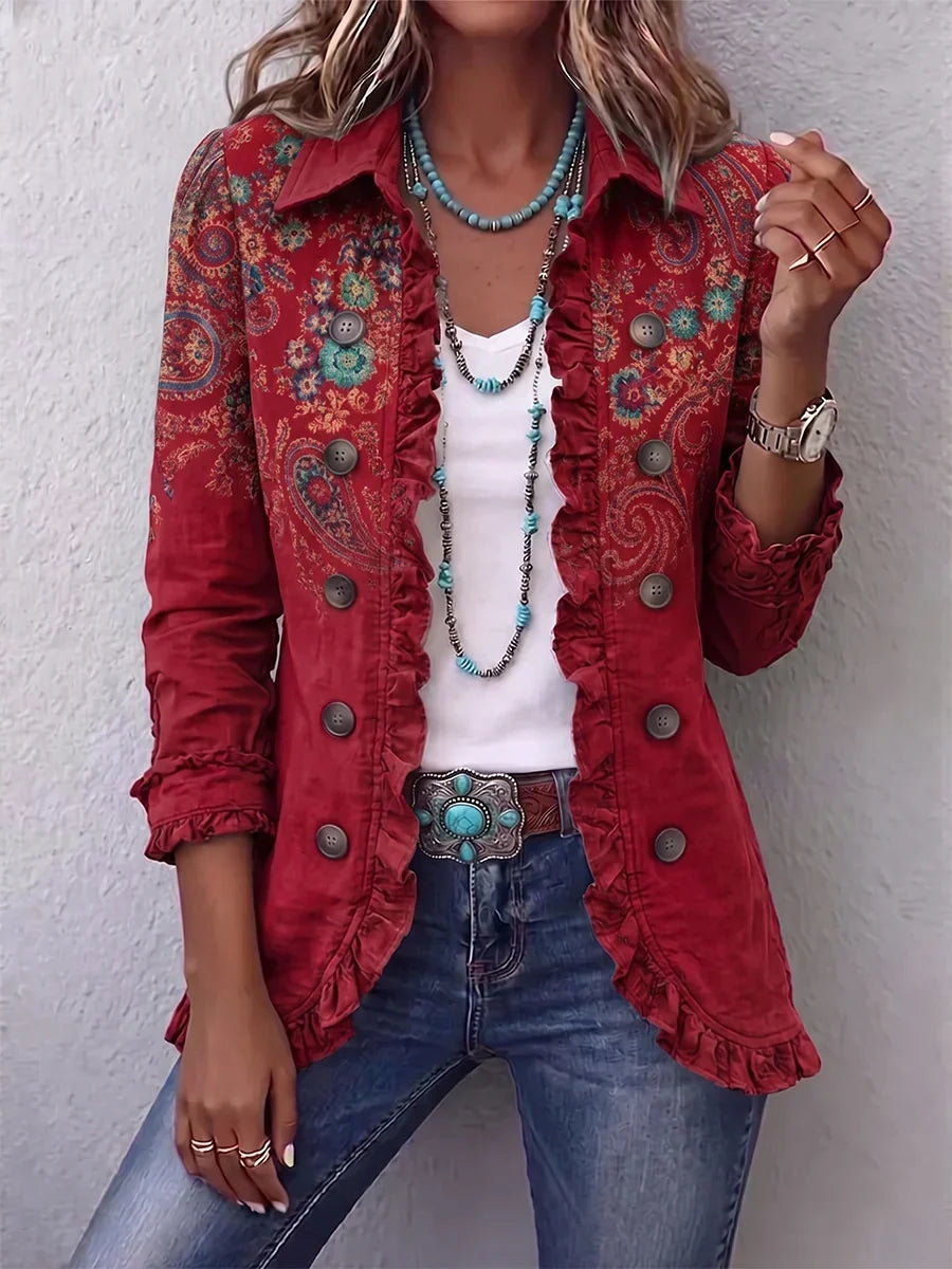 Inmaculada paisley ruffle jacket in red, worn open over a white top with jeans