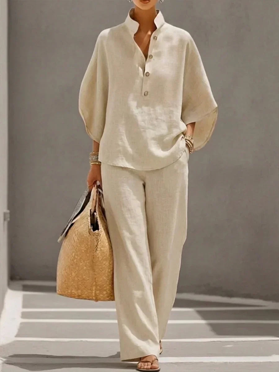 Sophie batwing-sleeve and wide-leg trousers set in beige, full-length front view