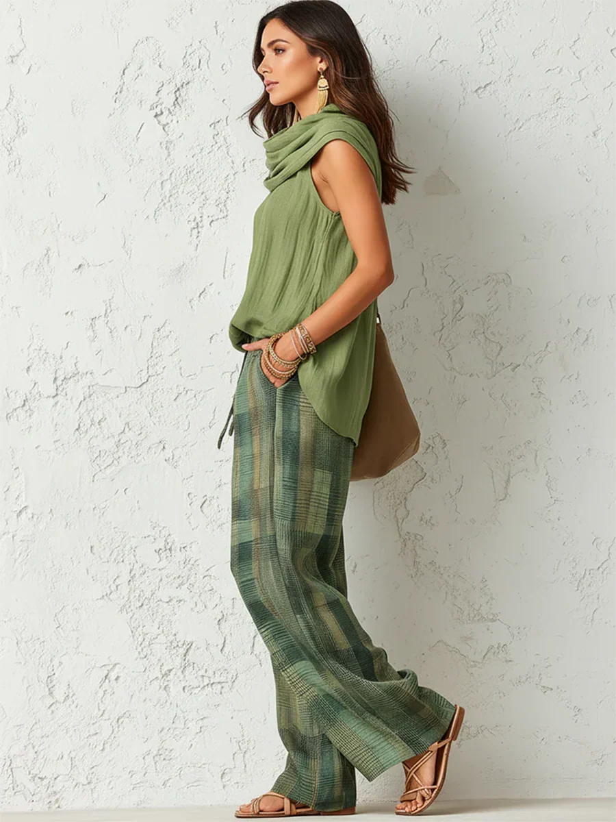 Essenza two-piece set in green, side view with draped cowl neckline